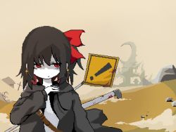 Rule 34 | 1girl, alternate costume, black hair, black hoodie, blood, bow, closed mouth, colored inner hair, colored skin, commentary, cookie (touhou), desert, dust cloud, earrings, expressionless, hair bow, highres, hood, hoodie, industrial pipe, jewelry, medium hair, multicolored hair, pixel art, red bow, red eyes, red hair, ruins, shaded face, shirt, sign, siyudi (cookie), solo, sparseseethe, upper body, warning sign, white shirt, white skin