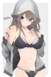 Rule 34 | 1girl, asymmetrical bangs, bad id, bad twitter id, black bra, black panties, blue hat, blue jacket, blush, bow, bow bra, bow panties, bra, breasts, brown eyes, brown hair, closed mouth, commentary, cowboy shot, ears visible through hair, frilled bra, frilled panties, frills, getsumen suibaku ver. a(c), girls und panzer, grey background, grey hat, groin, hair over one eye, hand on own chest, hat, highres, jacket, keizoku military uniform, light blush, long hair, long sleeves, looking at viewer, medium breasts, mika (girls und panzer), military, military uniform, muted color, navel, no pants, off shoulder, open clothes, open jacket, outside border, panties, raglan sleeves, simple background, smile, solo, standing, track jacket, twitter username, underwear, undressing, uniform