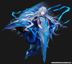 Rule 34 | 1girl, absurdres, armor, blue cape, blue dress, cape, dress, electricity, energy sword, high heels, highres, holding, holding sword, holding weapon, koon maschenny zahard, leenim, long dress, long hair, looking at viewer, magic, official art, open mouth, own hands together, pauldrons, shoulder armor, silver hair, simple background, smile, solo, sword, tower of god, weapon