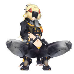 1girl absurdres black_gloves black_pants blindfold blonde_hair boots fingerless_gloves gloves hair_ornament highres kirit long_hair midair navel pants parted_bangs ponytail solo trigger_(zenless_zone_zero) zenless_zone_zero