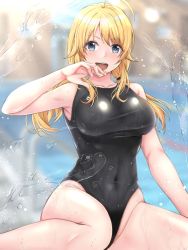 Rule 34 | 1girl, aga marino, ahoge, black one-piece swimsuit, blonde hair, blue eyes, breasts, competition swimsuit, covered navel, hachimiya meguru, idolmaster, idolmaster shiny colors, large breasts, low twintails, one-piece swimsuit, open mouth, sitting, smile, solo, splashing, swimsuit, teeth, twintails, upper teeth only, wariza, water