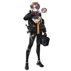 Rule 34 | 1girl, axe, belt pouch, black pants, blue eyes, briefcase, brown hair, character request, facial mark, girls&#039; frontline, hair over one eye, jacket, looking at viewer, multicolored hair, official art, open clothes, open jacket, pants, pouch, shoes, short hair, solo, spoken character, standing, streaked hair, tec-9 (girls&#039; frontline), tec-9 (wiretap mystery) (girls&#039; frontline), transparent background, walkie-talkie, xu (245506772)