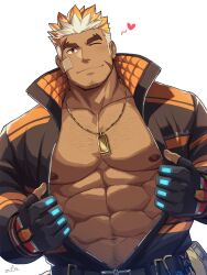 Rule 34 | 1boy, abs, artist name, bandaid, bandaid on cheek, bandaid on face, bara, black gloves, dark-skinned male, dark skin, dog tags, earrings, facial hair, fingerless gloves, flashing, gloves, heart, highres, jacket, jewelry, large pectorals, male focus, multicolored hair, muscular, muscular male, nipples, one eye closed, open jumpsuit, pectorals, pubic hair, pubic hair peek, red eyes, scar, scar on face, short hair, single earring, smile, solo, spoken heart, thick eyebrows, tokyo houkago summoners, ulaanbaatar (housamo), white background, zifu