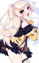 Rule 34 | +++, 1girl, :3, :d, absurdres, azur lane, bache (azur lane), bare shoulders, belt, black sailor collar, black shirt, black shorts, blonde hair, blush, brown belt, chiitamu, commentary request, fang, fishnet thighhighs, fishnets, fur-trimmed jacket, fur trim, highres, jacket, long hair, long sleeves, looking at viewer, looking to the side, off shoulder, one side up, open clothes, open jacket, open mouth, puffy long sleeves, puffy sleeves, purple eyes, sailor collar, shirt, short shorts, shorts, single thighhigh, skindentation, sleeveless, sleeveless shirt, smile, solo, thick eyebrows, thighhighs, very long hair, yellow jacket