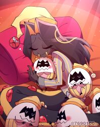 Rule 34 | 1boy, artist name, black hair, black scales, black skin, blush, closed eyes, closed mouth, colored inner hair, colored skin, drooling, egg, egg bois, eyeball, fangs, fangs out, grey pajamas, hat, hazbin hotel, heart, highres, hug, lamia boy, long hair, lying, male focus, menattou, monster boy, multicolored hair, nightcap, on side, one eye closed, orange hair, pajamas, pillow, sir pentious, sleeping, smile, solo, striped clothes, striped pajamas, twitter username, watermark, yellow hat, yellow scales, yellow teeth