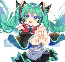 Rule 34 | 1girl, :d, aqua eyes, bad id, bad pixiv id, character name, detached sleeves, green hair, hatsune miku, headphones, kinokoko-kino, long hair, looking at viewer, open mouth, pleated skirt, skirt, smile, solo, twintails, vocaloid