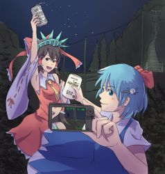 Rule 34 | 3girls, :d, absurdres, alcohol, armpits, beer, beer can, blue eyes, blue hair, blush, brand name imitation, brown eyes, brown hair, camera, can, circled 9, cirno, cosplay, detached sleeves, digital camera, dress, drink can, hair ornament, hairclip, hakurei reimu, highres, is that so, long hair, mirakona gonzaless, multiple girls, necktie, open mouth, ribbon-trimmed sleeves, ribbon trim, rumia, sarashi, short hair, skirt, skirt set, smile, statue of liberty (cosplay), touhou, vest, yin yang