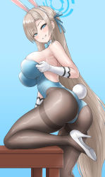 Rule 34 | 1girl, :d, absurdly long hair, animal ears, armpits, ass, asuna (blue archive), asuna (bunny) (blue archive), black pantyhose, blue archive, blue background, blue eyes, blue leotard, bow, braid, breasts, commentary request, elbow gloves, eyes visible through hair, fake animal ears, fake tail, from behind, gloves, grey hair, grin, hair bow, hairband, halo, head tilt, high heels, highres, large breasts, leg support, leotard, long hair, looking at viewer, looking back, open mouth, pantyhose, parted bangs, playboy bunny, poorgom, rabbit ears, rabbit tail, sideboob, sidelocks, simple background, sleeveless, smile, solo, standing, standing on one leg, strapless, strapless leotard, table, tail, twisted torso, very long hair, white footwear, white gloves