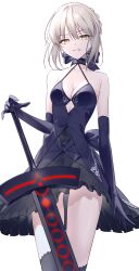 Rule 34 | 1girl, artoria pendragon (all), artoria pendragon (fate), bare shoulders, black dress, black gloves, black thighhighs, braid, breasts, cleavage, collarbone, dress, elbow gloves, excalibur morgan (fate), fate/grand order, fate (series), french braid, gloves, grey hair, highres, looking at viewer, medium hair, parted lips, pttyr, saber alter, sidelocks, smile, solo, sword, thighhighs, thighs, weapon, yellow eyes
