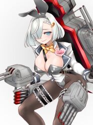 Rule 34 | 1girl, alternate costume, animal ears, between breasts, black pantyhose, blue eyes, bow, bowtie, breasts, cleavage, detached collar, gloves, gold bowtie, grey leotard, hair ornament, hair over one eye, hairclip, half gloves, hamakaze (kancolle), highleg, highleg leotard, jacket, kantai collection, large breasts, leotard, machinery, pantyhose, playboy bunny, rabbit ears, rabbit tail, short hair, simple background, strap between breasts, tail, torpedo launcher, tuxedo jacket, udukikosuke, white background, white gloves, white hair, white jacket, wrist cuffs