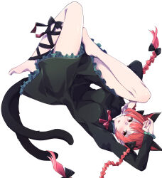 Rule 34 | 1girl, absurdres, animal ears, barefoot, black bow, black dress, black ribbon, bow, braid, cat ears, cat girl, cat tail, commentary, dress, extra ears, full body, hair bow, highres, kaenbyou rin, leg ribbon, legs, long hair, long sleeves, looking at viewer, multiple tails, nekomata, red eyes, red hair, ribbon, side braids, simple background, solo, tail, touhou, twin braids, two tails, white background, yukina (masyumaro610)