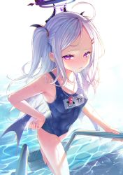 Rule 34 | 1girl, absurdres, ahoge, black wings, blue archive, blue one-piece swimsuit, breasts, commentary request, halo, highres, hina (blue archive), long hair, looking at viewer, low wings, one-piece swimsuit, pool, purple eyes, school swimsuit, small breasts, solo, swimsuit, togami (tobysou526), wet, wet clothes, wet swimsuit, whistle, whistle around neck, white hair, wings