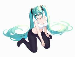 Rule 34 | 1girl, aqua eyes, aqua hair, bare arms, bare shoulders, black pants, breasts, cleavage, crop top, hair ornament, hatsune miku, highres, large breasts, long hair, looking at viewer, midriff, pants, simple background, sitting, siun, sleeveless, solo, sports bra, very long hair, vocaloid, wariza, white background, yoga pants