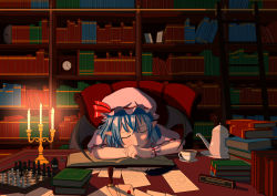 Rule 34 | 1girl, absurdres, bad hand, bat wings, blue hair, book, book stack, bookshelf, candle, candlelight, candlestand, chair, character name, chessboard, clock, closed eyes, commentary request, cup, dress, expressionless, frilled shirt collar, frills, hair between eyes, hand on forehead, hat, hat ribbon, head rest, hexagram, highres, inkwell, light blush, open mouth, paper, parted lips, pink dress, pink hat, pointy ears, puffy short sleeves, puffy sleeves, red ribbon, remilia scarlet, ribbon, saucer, sessei (pksx8824), short hair, short sleeves, sitting, sleeping, solo, star of david, stone mask (jojo), tea, teacup, teapot, touhou, u u, upper body, wings, wrist cuffs, writing