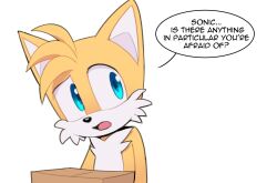 Rule 34 | 1boy, animal ears, animal nose, blue eyes, box, commentary, english commentary, english text, fox boy, fox ears, furry, furry male, highres, holding, holding box, looking to the side, male focus, no tail, open mouth, simple background, solo, sonic (series), speech bubble, standing, tails (sonic), tongue, toonsite, white background, yellow fur