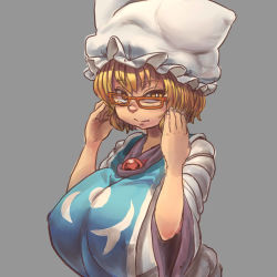 Rule 34 | 1girl, animal hat, blonde hair, breasts, chanta (ayatakaoisii), dress, glasses, grey background, hands up, hat, large breasts, long sleeves, looking at viewer, mob cap, red-framed eyewear, short hair, simple background, solo, tabard, touhou, upper body, white dress, white hat, yakumo ran, yellow eyes