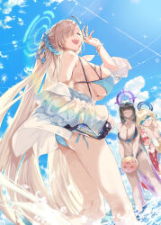 Rule 34 | 4girls, alternate costume, asuna (blue archive), bare shoulders, bikini, blonde hair, blue archive, blue bikini, blue eyes, blue scrunchie, blue sky, blush, bracelet, breasts, cleavage, day, double v, eyewear on head, hair ornament, hair scrunchie, halo, highres, jewelry, karin (blue archive), large breasts, long hair, looking at viewer, multiple girls, neru (blue archive), ohland, one-piece swimsuit, open mouth, outdoors, ponytail, red eyes, red hair, red one-piece swimsuit, scrunchie, sky, smile, solo focus, sunglasses, swimsuit, toki (blue archive), v, very long hair, yellow eyes