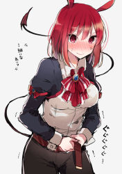 Rule 34 | 1girl, anger vein, animal ears, bad id, bad tumblr id, belt, blush, bow, bowtie, breasts, demon tail, eyebrows, ikeuchi tanuma, long sleeves, looking to the side, medium breasts, original, red bow, red bowtie, red eyes, red hair, short hair, simple background, solo, standing, tail, translation request, white background