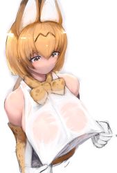 Rule 34 | 1girl, :/, alternate breast size, animal ears, animal print, blonde hair, bow, bowtie, breasts, brown eyes, brown hair, closed mouth, clothes pull, colored inner hair, cropped torso, elbow gloves, extra ears, from above, gloves, hair between eyes, highres, kemono friends, large breasts, looking at object, multicolored hair, print bow, print gloves, pulled by self, see-through, serval (kemono friends), serval print, shibori kasu, shirt, shirt pull, sidelocks, sketch, sleeveless, sleeveless shirt, solo, traditional bowtie, two-tone hair, upper body, wet, wet clothes, wet shirt, white shirt