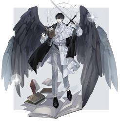 Rule 34 | 1boy, black nails, book, border, evl 1230, full body, grey background, highres, holding, holding sword, holding weapon, horns, kim dokja, korean commentary, looking at viewer, male focus, multiple wings, nail polish, omniscient reader&#039;s viewpoint, open book, outside border, solo, star (symbol), sword, weapon, white background, wings