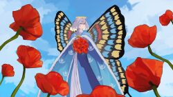 Rule 34 | 1boy, animal print, blue cape, blue sky, butterfly print, cape, cloud, crown, dandepom, fairy, fate/grand order, fate (series), flower, grey hair, highres, holding, holding flower, looking to the side, oberon (fate), poppy (flower), sky
