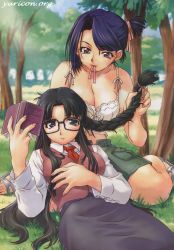 Rule 34 | 00s, 2girls, alternate hairstyle, bare shoulders, black-framed eyewear, black hair, blue eyes, blue hair, blurry, blush, book, braid, braiding hair, breasts, buttons, camisole, casual, cleavage, cloud, crop top, day, depth of field, dress shirt, earrings, fingernails, glasses, grass, hair ribbon, hairdressing, high collar, holding, jewelry, lace, lap pillow, large breasts, long fingernails, long hair, long sleeves, looking at viewer, looking down, lying, messy hair, midriff, mouth hold, multiple girls, nancy makuhari, nature, navel, necktie, official art, on back, on ground, open book, open fly, outdoors, parted bangs, parted lips, pencil skirt, pink eyes, r.o.d the tv, read or die, reading, reclining, red necktie, ribbon, sandals, shirt, short hair, shorts, side braid, side ponytail, sidelocks, single braid, sitting, skirt, sky, swept bangs, tomboy, tree, unzipped, uon taraku, very long hair, vest, wariza, watermark, web address, yomiko readman