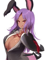Rule 34 | 1girl, :q, animal ears, black hisui (cookie), black jacket, blush, breasts, cleavage, collared shirt, commentary request, cookie (touhou), dark-skinned female, dark skin, highres, hisui (cookie), jacket, large breasts, long hair, looking at viewer, necktie, onakon 3-nichi-me, open clothes, open jacket, open shirt, parted bangs, pink skirt, purple hair, rabbit ears, red eyes, red necktie, reisen udongein inaba, shirt, skirt, smile, solo, tongue, tongue out, touhou, upper body, white shirt