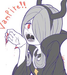 Rule 34 | 1girl, artist name, bad id, bad pixiv id, blood, blood drip, dated, english text, fake horns, fingernails, hair over one eye, highres, horns, ice keki, little witch academia, long fangs, long fingernails, maleficent, open mouth, sleeping beauty, sucy manbavaran, tongue, vampire