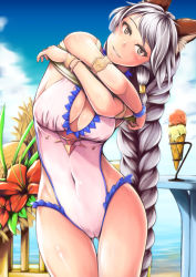 Rule 34 | 1girl, animal ears, armlet, blue sky, bracelet, braid, breasts, brown eyes, cameltoe, chair, cleavage, cloud, covered navel, cyoppu, day, erune, flower, food, gluteal fold, granblue fantasy, hair tubes, hat, hat flower, unworn hat, unworn headwear, heles, heles (summer) (granblue fantasy), ice cream, ice cream cone, jewelry, large breasts, long hair, looking at viewer, ocean, one-piece swimsuit, outdoors, silver hair, single braid, sky, solo, sun hat, swimsuit, table, thigh gap, undressing, very long hair, white one-piece swimsuit
