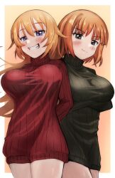 Rule 34 | 2girls, blue eyes, blush, brave witches, breasts, charlotte e. yeager, closed mouth, green eyes, green sweater, grin, gundula rall, highres, large breasts, long hair, looking at viewer, multiple girls, orange hair, red sweater, short hair, simple background, smile, strike witches, sweater, tama kitsune, world witches series