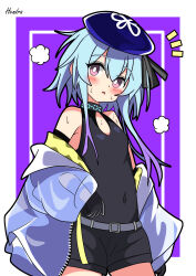 Rule 34 | 1boy, absurdres, arknights, armpits, artist name, bare shoulders, beret, black gloves, black shirt, black shorts, blue hair, blue hat, blue jacket, blush, border, bright pupils, commentary request, dot nose, elbow gloves, gloves, hat, hendra, highres, infection monitor (arknights), inset border, jacket, light blue hair, looking at viewer, male focus, mizuki (arknights), parted lips, pink eyes, purple background, purple eyes, shirt, shorts, sidelocks, simple background, sleeveless, sleeveless shirt, solo, sweat, unzipped, white background, white pupils