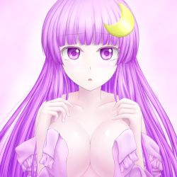 Rule 34 | 1girl, breasts, cleavage, crescent, crescent hair ornament, female focus, hair ornament, large breasts, long hair, patchouli knowledge, purple eyes, purple hair, simple background, solo, touhou, y2