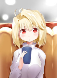 Rule 34 | 1girl, absurdres, antenna hair, arcueid brunestud, artist request, blonde hair, blush, booth seating, breasts, drink, drinking, drinking straw, highres, long sleeves, looking at viewer, medium breasts, melty blood, red eyes, restaurant, shirt, short hair, straw, tsukihime, type-moon, white shirt