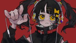 Rule 34 | 1girl, audio jack, black hair, black jacket, bow, cable, closed mouth, clothing cutout, commentary, fingernails, hair bow, hair ornament, hairclip, hand up, headphones, high collar, holding, holding cable, jacket, long sleeves, looking at viewer, medium hair, original, oshio (shioqqq), portrait, red background, shoulder cutout, simple background, solo, twintails, yellow bow, yellow eyes