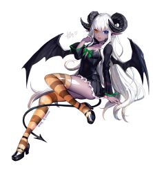 Rule 34 | 1girl, bat wings, blue eyes, breasts, dark-skinned female, dark skin, ddongu, demon girl, demon horns, demon tail, full body, heterochromia, horns, long hair, looking at viewer, original, pointy ears, silver hair, sitting, skirt, small breasts, smile, solo, striped clothes, striped thighhighs, tail, thighhighs, transparent background, very long hair, wings, yellow eyes