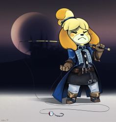 Rule 34 | 1girl, :&lt;, alternate costume, animal crossing, animal ears, animal nose, artist name, bell, belt, black skirt, blonde hair, blue coat, blue ribbon, blush stickers, body fur, boots, brown footwear, brown gloves, castle, closed eyes, closed mouth, coat, cosplay, dated, dog ears, dog girl, female focus, fishing rod, full body, furry, furry female, gloves, hair bell, hair ornament, hair tie, hand up, highres, holding, isabelle (animal crossing), jingle bell, little grey wolf, long sleeves, miniskirt, moon, neck ribbon, night, night sky, nintendo, outdoors, pants, pencil skirt, ribbon, richter belmont, richter belmont (cosplay), shirt, short hair, signature, skirt, sky, solo, standing, super smash bros., sweater, topknot, white pants, white shirt, yellow fur