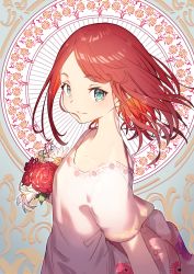 Rule 34 | 1girl, absurdres, dress, flower, green eyes, highres, looking at viewer, nakanishi tatsuya, original, red hair, smile, solo