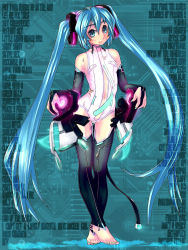 Rule 34 | 1girl, aqua eyes, aqua hair, aqua nails, bandaid, bandaid on pussy, bandaids on nipples, barefoot, bodypaint, elbow gloves, feet, fingerless gloves, full body, gloves, hatsune miku, hatsune miku (append), highres, long hair, nail polish, navel, nude, open mouth, painted clothes, pasties, raplus, solo, standing, thighhighs, toeless legwear, toenail polish, toenails, toes, twintails, very long hair, vocaloid, vocaloid append