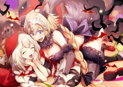 Rule 34 | 2girls, :d, ^ ^, animal ear fluff, animal ears, bare shoulders, bat (animal), black bow, blonde hair, blush, bow, breasts, claws, cleavage, closed eyes, commentary, detached collar, elbow gloves, fang, fate/grand order, fate (series), fur-trimmed gloves, fur collar, fur trim, gloves, grey footwear, grey gloves, grey legwear, hair bow, hands up, headpiece, hood, jeanne d&#039;arc (fate), jeanne d&#039;arc (ruler) (fate), kemonomimi mode, kneeling, large breasts, long braid, long hair, looking at another, marie antoinette (fate), mash kyrielight, mash kyrielight (dangerous beast), multiple girls, no-kan, open mouth, purple eyes, red footwear, shoes, silver hair, skin fang, smile, symbol-only commentary, tail, thighhighs, thighs, wolf ears, wolf tail, yuri
