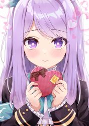 Rule 34 | 1girl, animal ears, black jacket, blue bow, blue bowtie, blue ribbon, blush, bow, bowtie, box, box of chocolates, brown bow, buttons, closed mouth, commentary request, frills, hair ribbon, hands up, heart, heart-shaped box, heart-shaped pupils, highres, holding, holding box, horse ears, horse girl, jacket, long hair, long sleeves, looking at viewer, mejiro mcqueen (umamusume), purple eyes, purple hair, ribbon, rioshi, shirt, sidelocks, simple background, solo, striped, striped bow, symbol-shaped pupils, umamusume, upper body, white background, white shirt