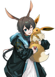 Rule 34 | 1girl, :d, absurdres, amiya (arknights), animal, animal ears, arknights, blue eyes, blue jacket, commentary request, cowboy shot, creatures (company), crossover, cuddling, eevee, game freak, gen 1 pokemon, hair between eyes, highres, holding, holding animal, holding poke ball, infection monitor (arknights), jacket, jewelry, long hair, long sleeves, multiple rings, nintendo, one eye closed, open clothes, open jacket, open mouth, poke ball, pokemon, pokemon (creature), rabbit ears, rabbit girl, ring, signature, simple background, smile, sweater, white background, white sweater, zh27