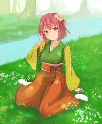 Rule 34 | 1girl, arm support, blush, closed mouth, collarbone, day, flower, forest, full body, grass, hair between eyes, hair flower, hair ornament, hakama, hakama skirt, hieda no akyuu, japanese clothes, kimono, long sleeves, looking at viewer, nature, nise (  nise6  ), outdoors, pink hair, red eyes, river, short hair, sitting, skirt, smile, socks, solo, touhou, wariza, white socks, wide sleeves