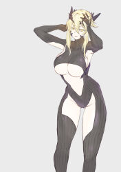 Rule 34 | 1girl, armpits, artoria pendragon (fate), artoria pendragon (lancer alter) (fate), blonde hair, bodysuit, breasts, colored eyelashes, commentary, cowboy shot, curvy, emoshon, fate/grand order, fate/stay night, fate (series), grey background, hair between eyes, hand in own hair, highres, horns, large breasts, looking at viewer, navel, short hair, simple background, smile, solo, standing, stomach, thighs, underboob, yellow eyes