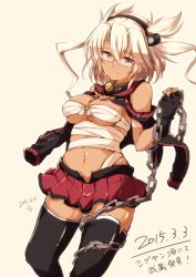 Rule 34 | 10s, 1girl, 2015, black gloves, black thighhighs, blonde hair, breasts, chain, dark-skinned female, dark skin, dated, fingerless gloves, glasses, gloves, jiino, kantai collection, long hair, looking at viewer, musashi (kancolle), navel, pointy hair, red eyes, red skirt, sarashi, skirt, solo, tears, thighhighs, twintails