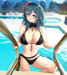 Rule 34 | 1girl, bare arms, bare shoulders, bikini, black bikini, blue eyes, blue hair, blurry, blurry background, breasts, byleth (female) (fire emblem), byleth (female) (summer) (fire emblem), byleth (fire emblem), commentary request, fire emblem, fire emblem: three houses, flower, gluteal fold, hair between eyes, hair flower, hair ornament, hibiscus, highres, large breasts, long hair, looking at viewer, medium hair, navel, nintendo, official alternate costume, outdoors, poolside, red flower, signature, smile, solo, steeb, stomach, swimsuit, thighs, tree, water