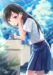 Rule 34 | 1girl, backlighting, black eyes, black hair, blouse, blue neckerchief, blue sailor collar, blue skirt, blurry, blurry background, blurry foreground, chain-link fence, commentary request, cowboy shot, day, depth of field, drinking, drinking fountain, fence, hand up, kagachi saku, long hair, looking at viewer, looking to the side, midriff peek, moe2019, neckerchief, original, outdoors, plant, pleated skirt, sailor collar, school uniform, serafuku, shirt, short sleeves, signature, skirt, solo, standing, sunlight, water, white shirt