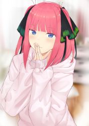 Rule 34 | 1girl, blue eyes, blunt bangs, blush, closed mouth, commentary request, go-toubun no hanayome, hair ornament, hair ribbon, highres, indoors, long hair, long sleeves, looking at viewer, nakano nino, own hands together, pink hair, pink sweater, recia, ribbon, solo, sweater