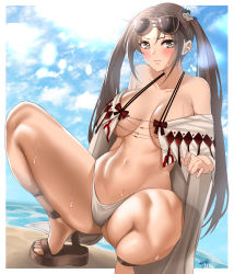 Rule 34 | absurdres, beach, blue sky, breasts, brown eyes, brown hair, cleavage, collarbone, day, earrings, eyewear on head, fate/grand order, fate (series), hair ornament, highres, jewelry, kisaragi tsurugi, large breasts, legs, long hair, multiple earrings, navel, off shoulder, open clothes, photoshop (medium), robe, sandals, sky, solo, spread legs, squatting, sunglasses, twintails, very long hair, yu mei-ren (fate), yu mei-ren (swimsuit lancer) (fate)