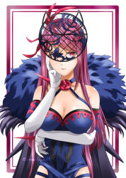 Rule 34 | 1girl, absurdres, bare shoulders, breasts, cleavage, commentary request, dress, elbow gloves, fascinator, fire emblem, fire emblem engage, flower, gloves, hair ornament, highres, ivy (fire emblem), jewelry, large breasts, long hair, looking at viewer, midori no baku, mole, mole under mouth, nintendo, purple eyes, purple hair, rose, serious, side slit, solo, white gloves