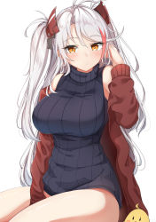 Rule 34 | 1girl, absurdres, azur lane, black sweater, blush, breasts, brown eyes, brown jacket, closed mouth, hair between eyes, hand up, headgear, highres, jacket, large breasts, long hair, long sleeves, looking at viewer, moyoron, multicolored hair, off shoulder, open clothes, open jacket, parted bangs, prinz eugen (azur lane), red hair, simple background, sitting, sleeveless, sleeveless sweater, sleeveless turtleneck, smile, solo, streaked hair, sweater, turtleneck, turtleneck sweater, two side up, very long hair, white background, white hair